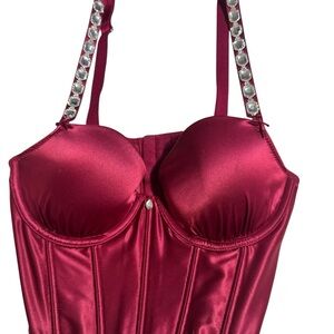 PINK Victoria's Secret Burgundy Satin Corset with Rhinestone Straps
